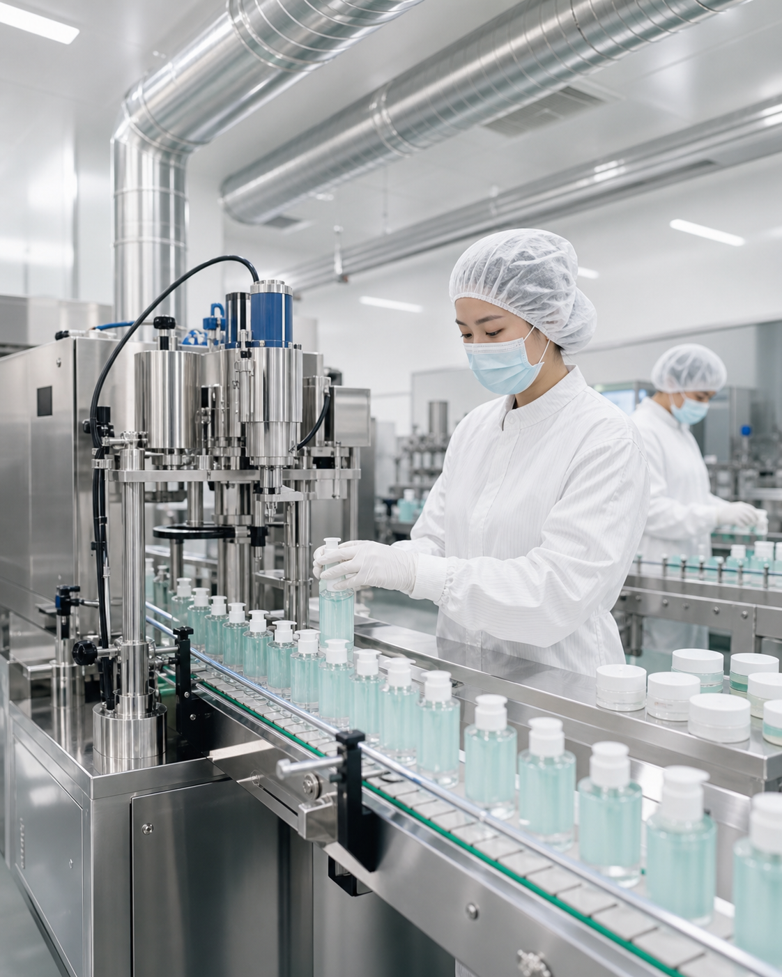 Cosmetics cleanroom production line with technicians and filling equipment