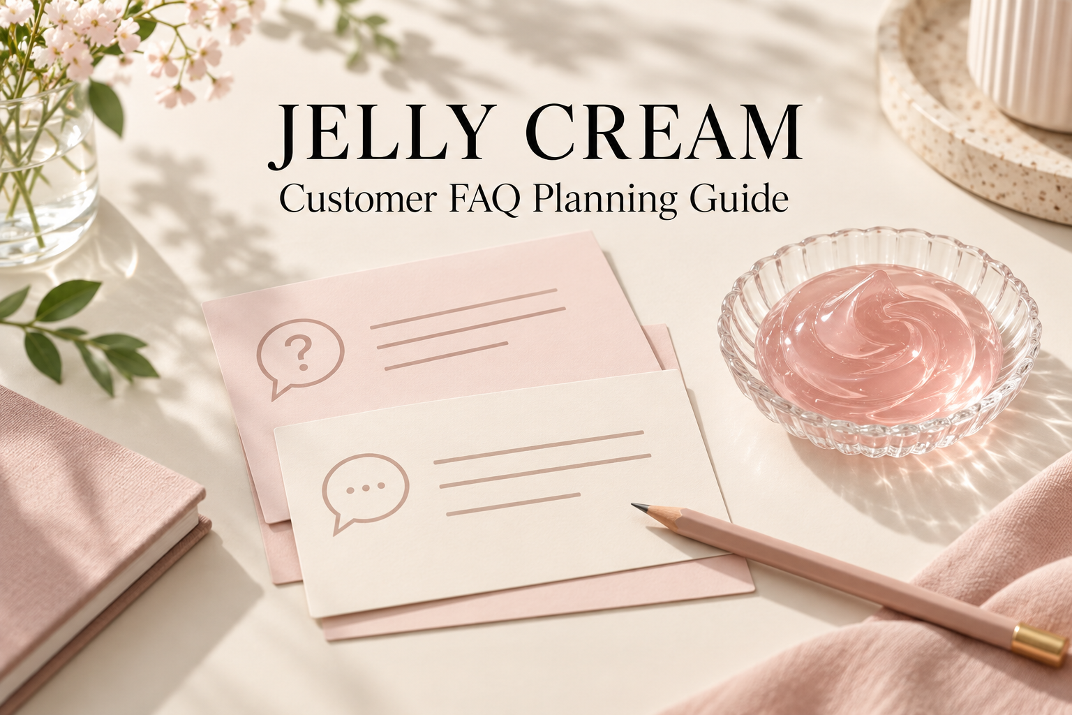Concept illustration of customer question cards and rose jelly texture in a glass dish