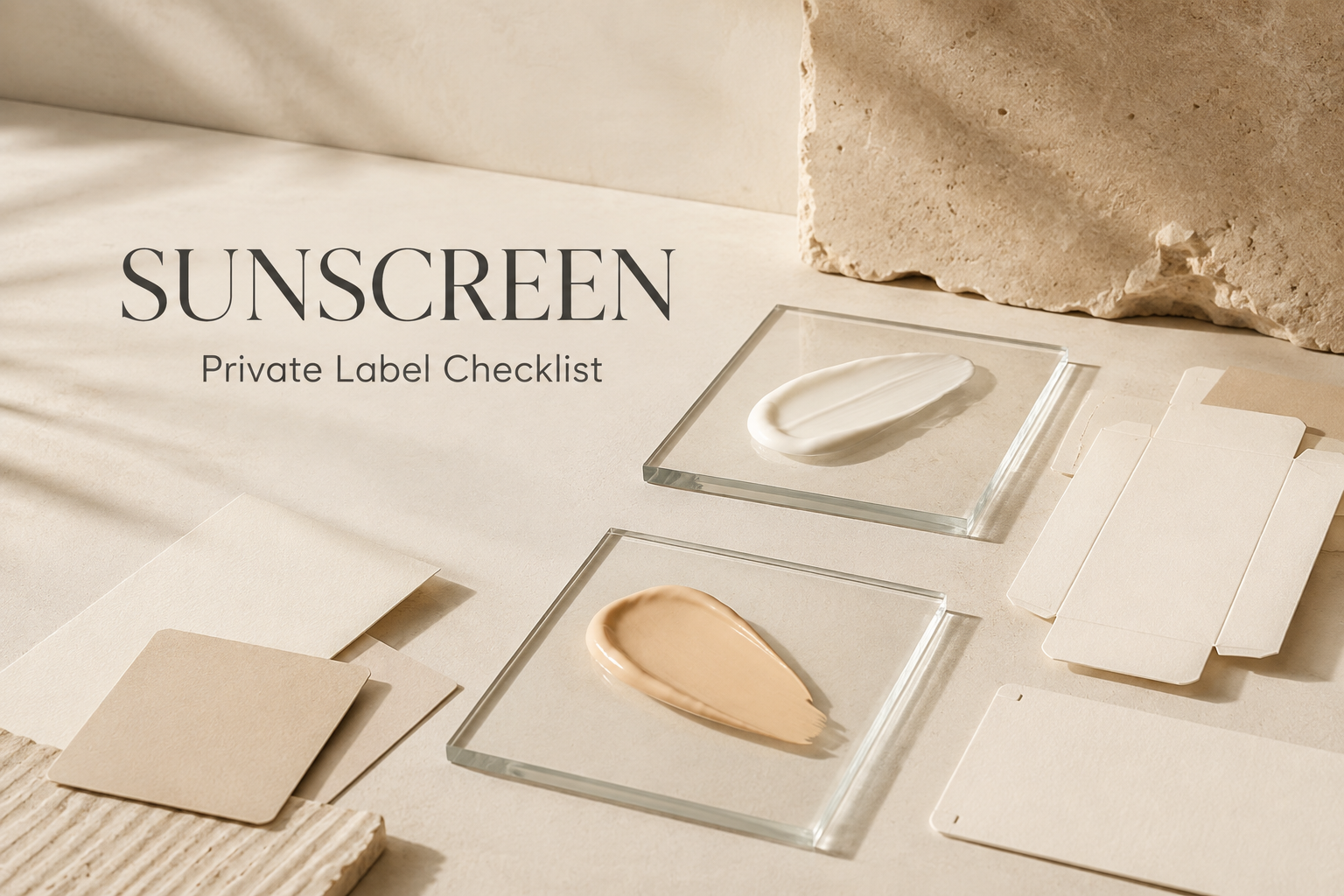 Private label sunscreen checklist with tinted cosmetic swatches and blank packaging layouts
