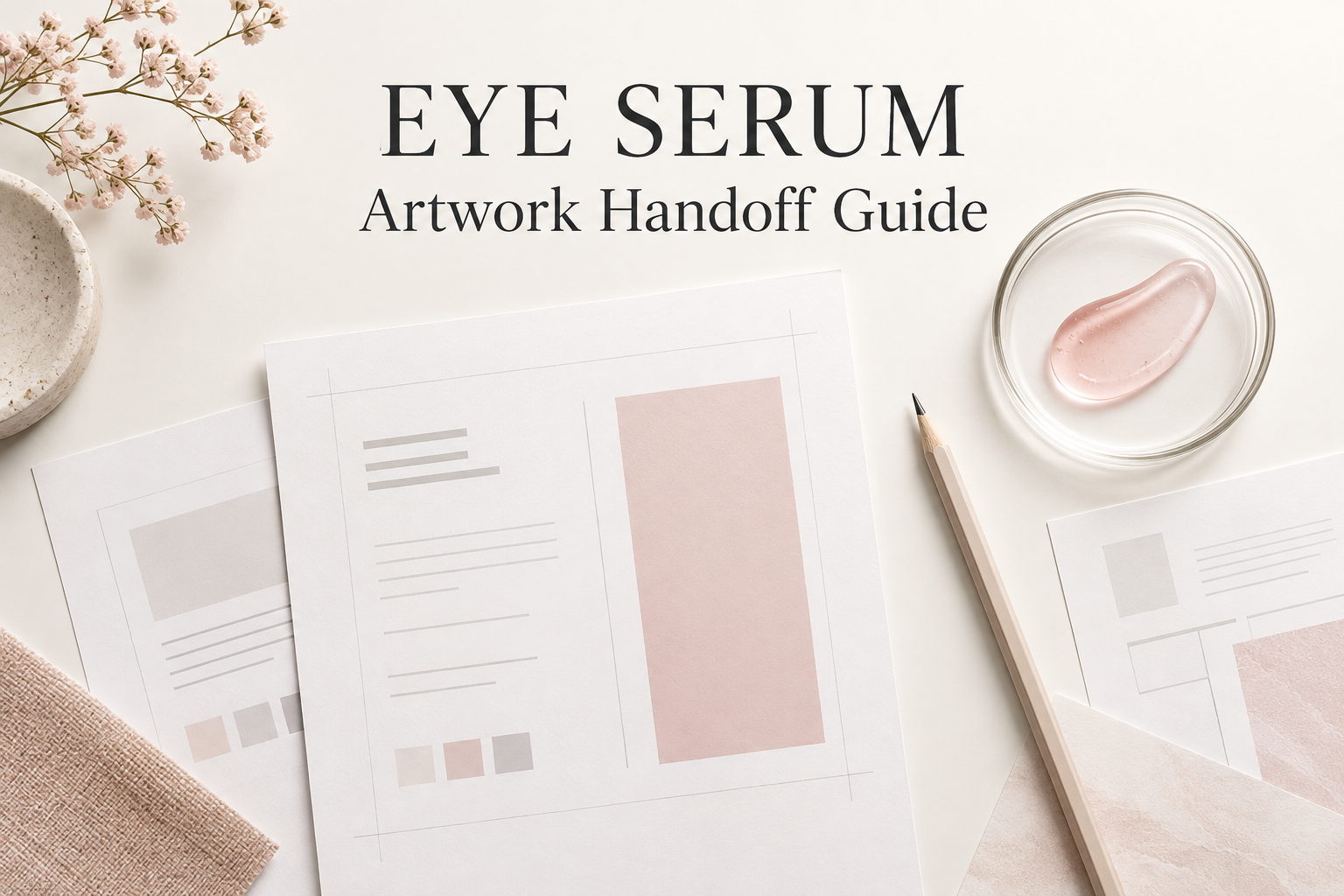 Concept illustration of artwork sheets and pink serum texture for eye serum packaging handoff