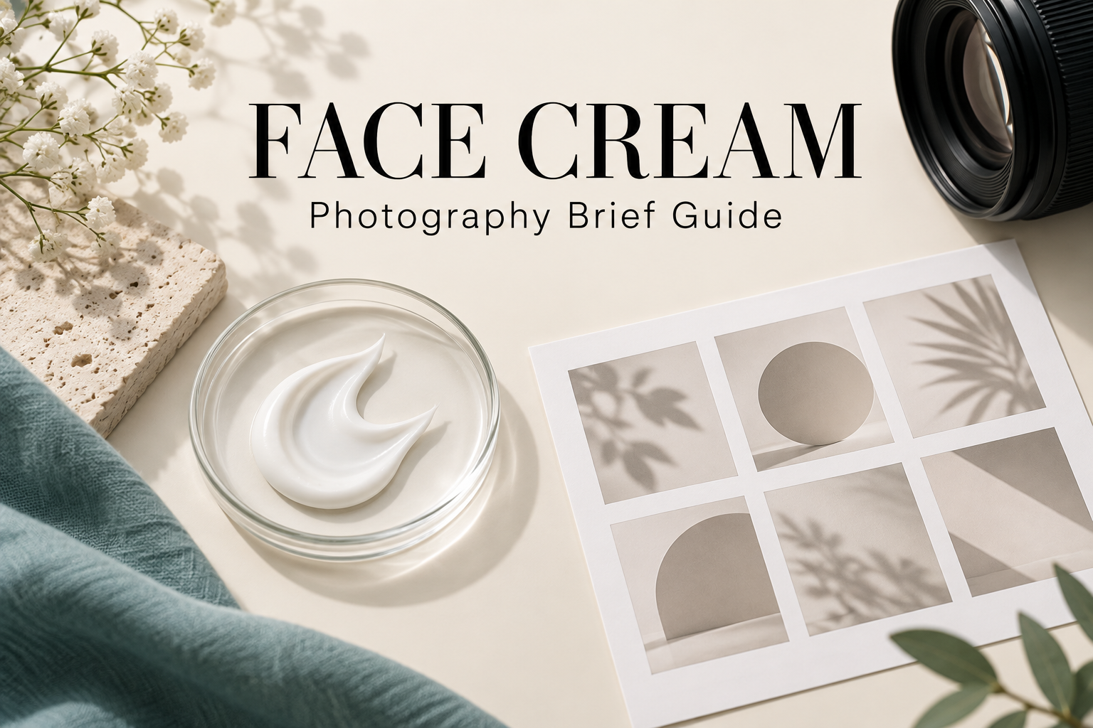 Concept illustration of cream texture, a photography contact sheet and a camera lens