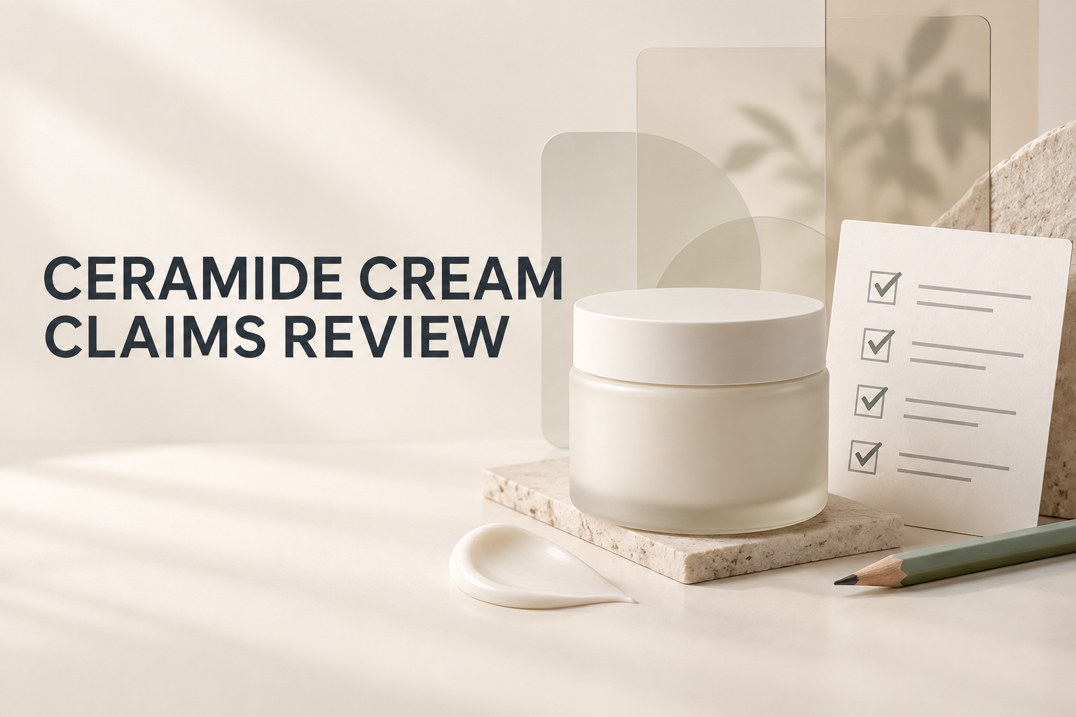 Ceramide cream claims review checklist with cream jar and review card