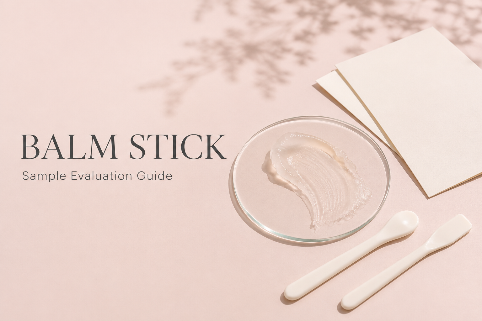 Balm stick sample evaluation guide with cosmetic balm on glass, spatulas and sample cards
