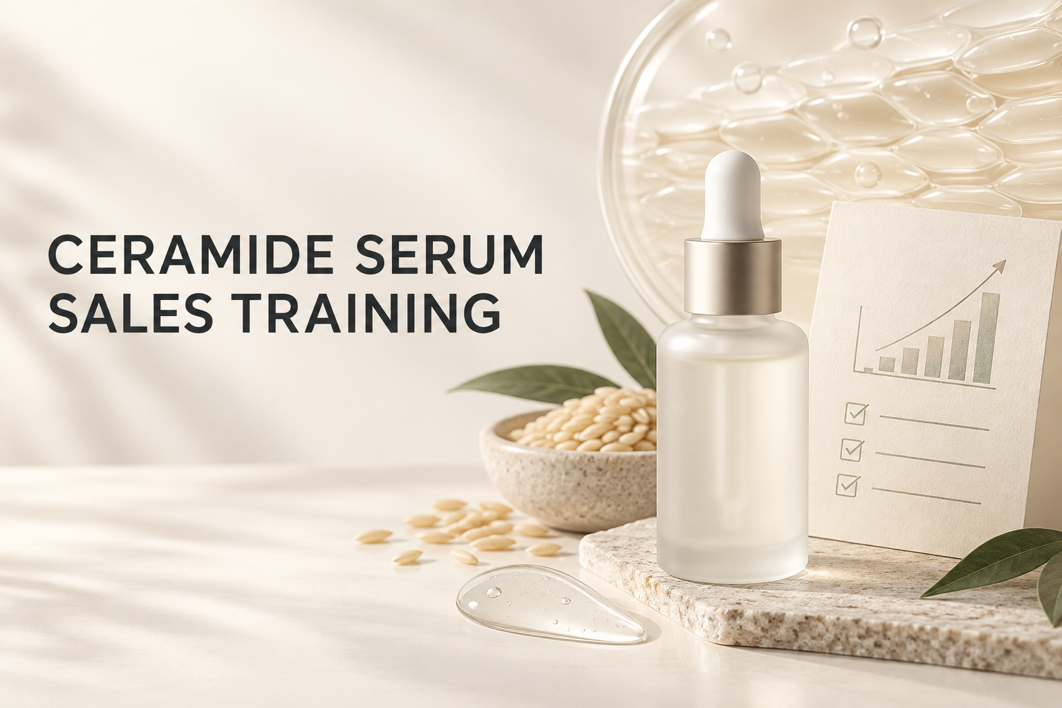 Ceramide serum sales training guide with serum bottle, rice and checklist