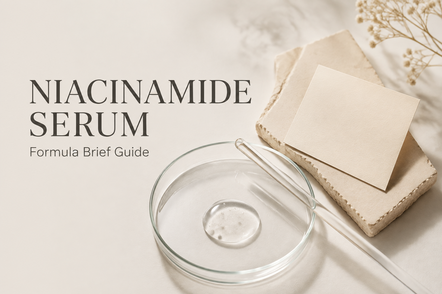 Niacinamide serum formula brief guide with an illustrative serum texture, glass dropper and blank formulation cards