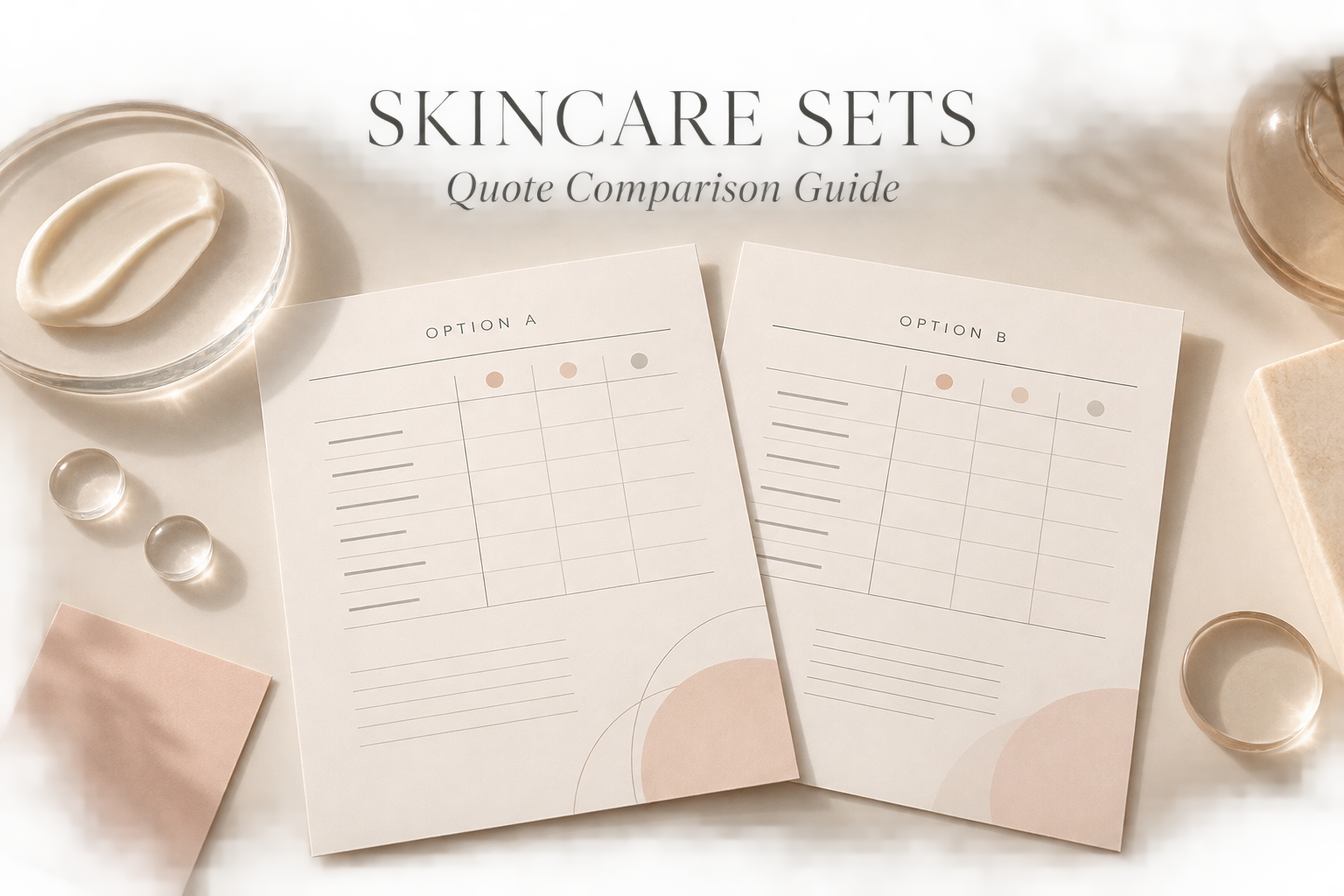 Concept illustration of comparison sheets and cosmetic texture for skincare set quote planning