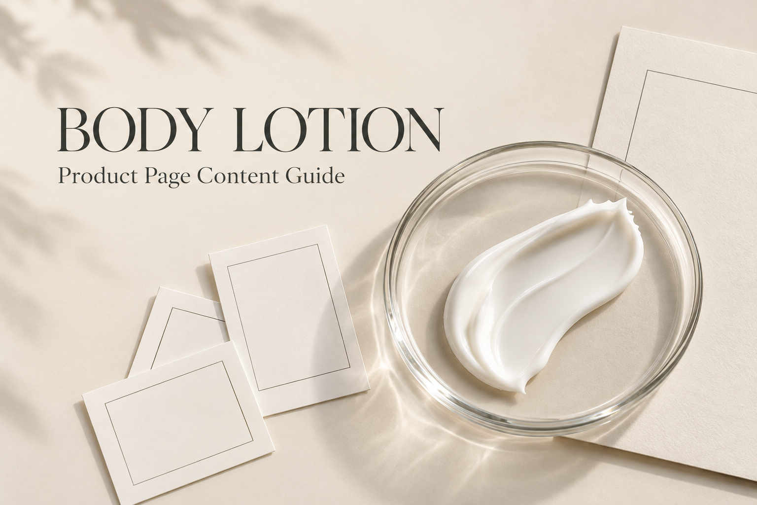Body lotion product page content guide with an illustrative lotion texture and blank photo planning cards
