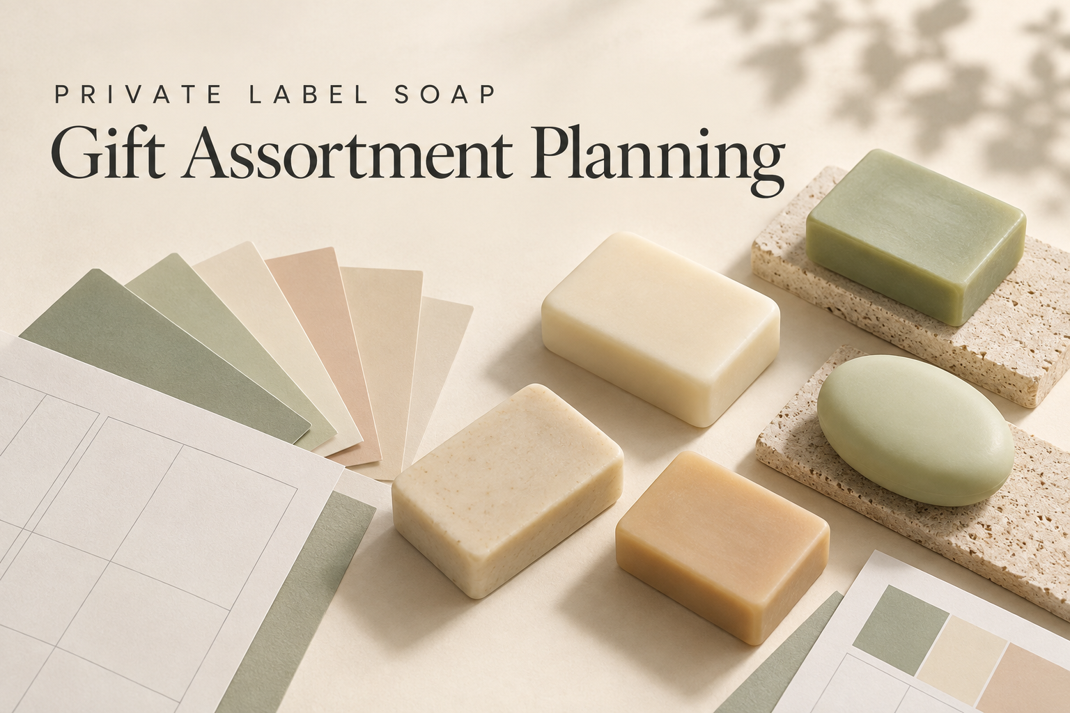 Concept illustration of soap shapes and color cards for gift assortment planning