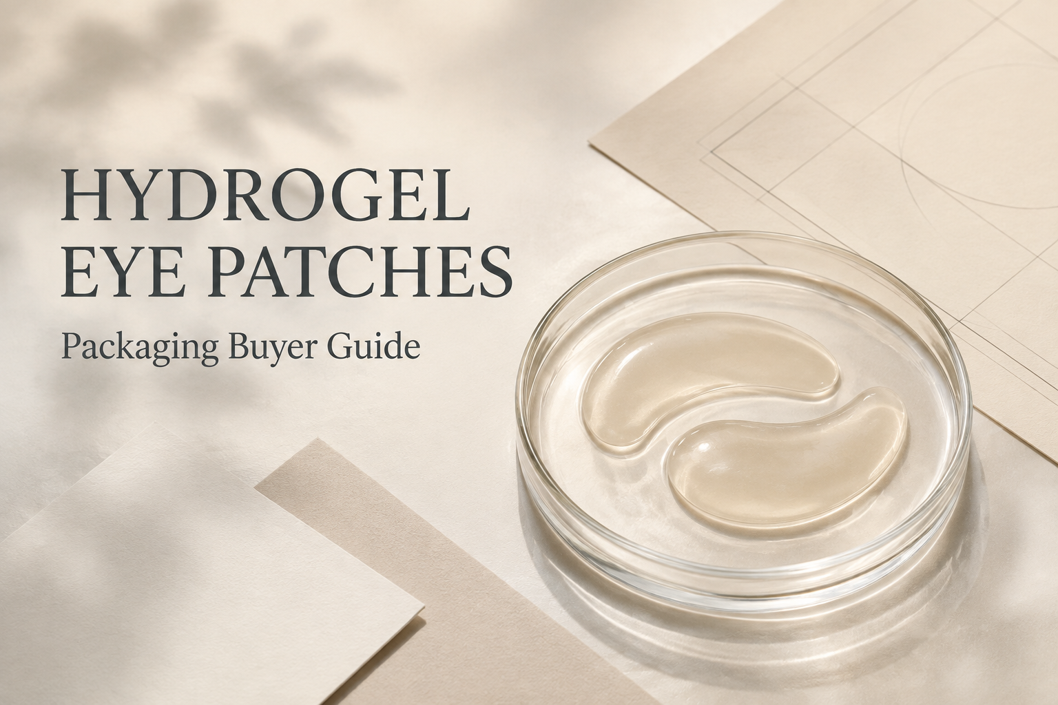 Hydrogel eye patch packaging buyer guide with illustrative gel patches on a glass dish and packaging layout cards