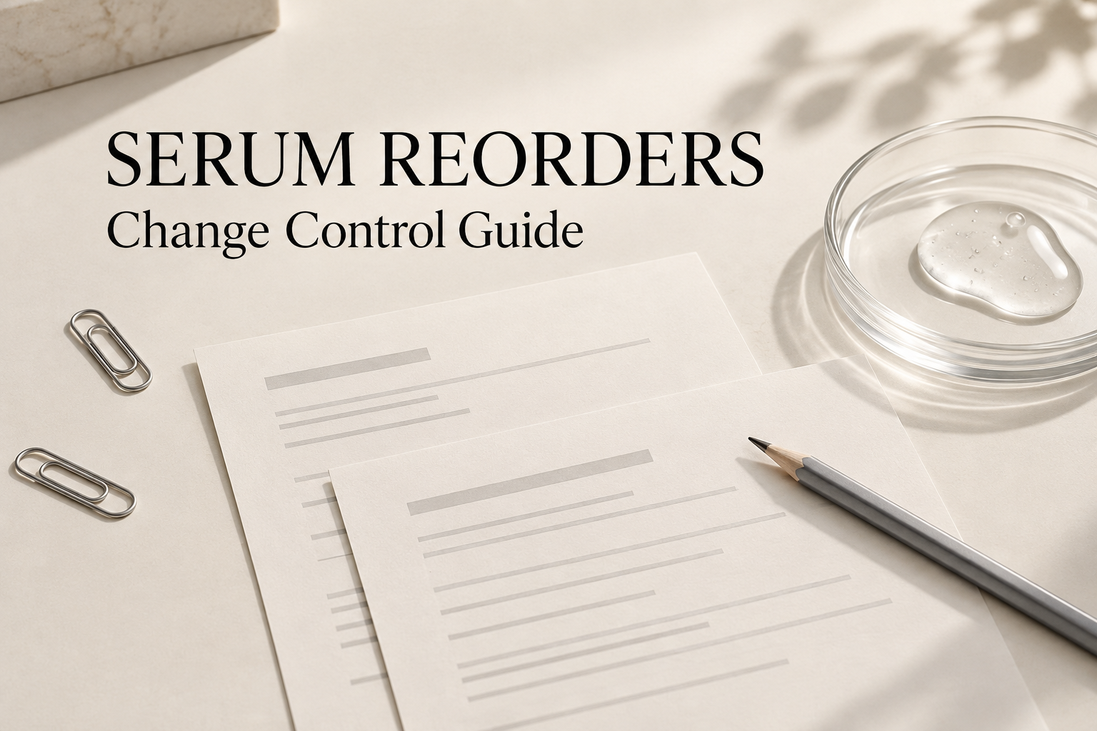 Concept illustration of revision sheets, a pencil and translucent serum texture on a glass dish