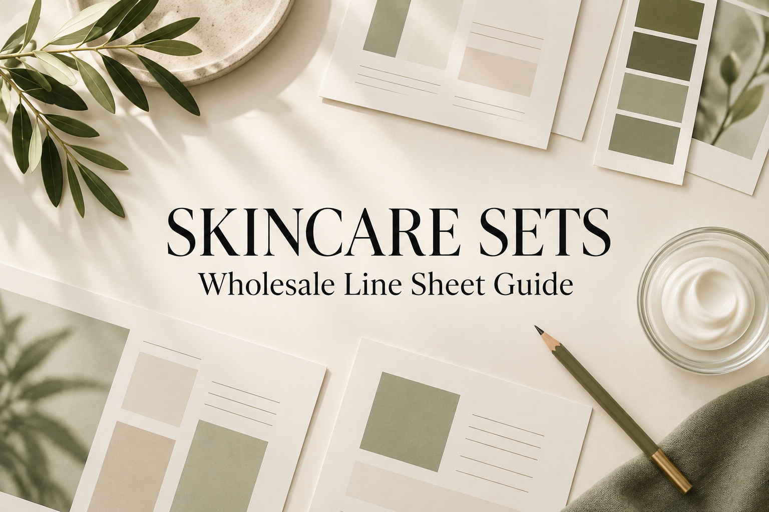 Concept illustration of skincare planning sheets, olive color swatches and cream texture
