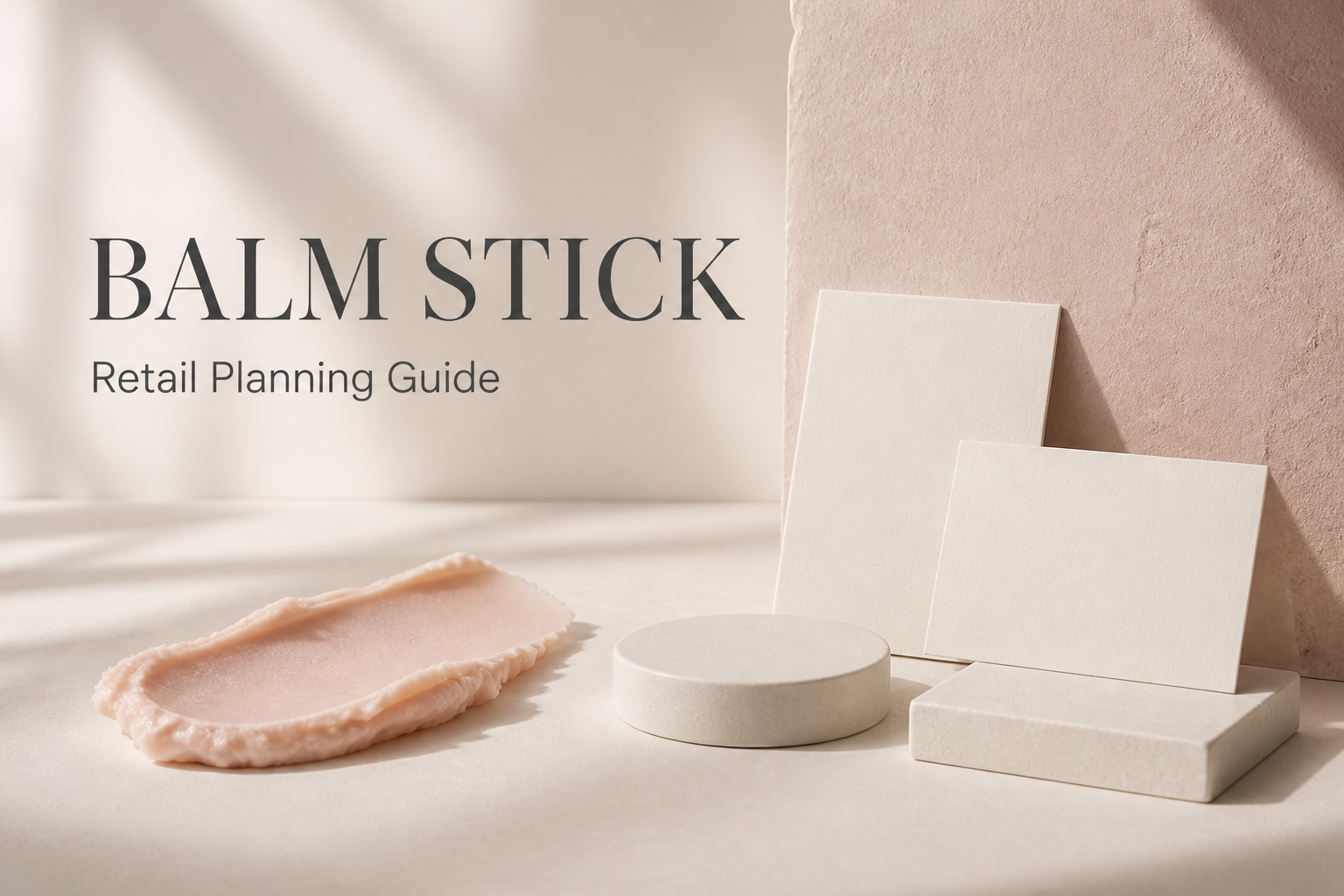 Balm stick retail planning guide with cosmetic wax texture and blank merchandising cards