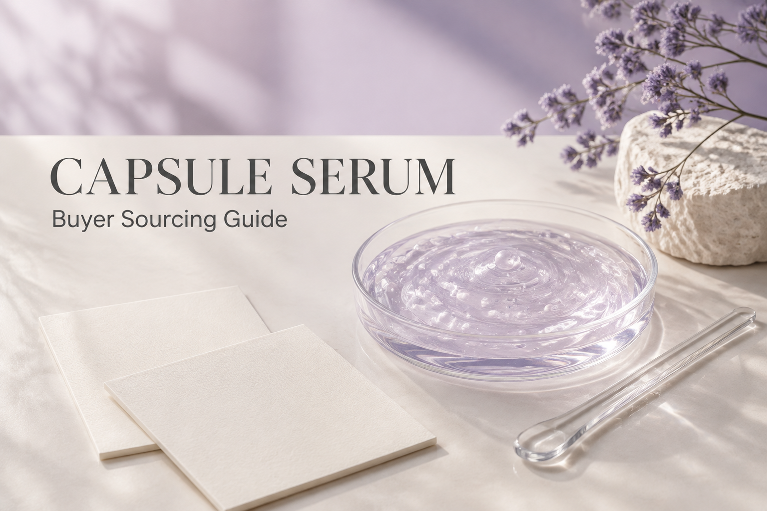 Capsule serum buyer sourcing guide with an illustrative gel texture, glass spatula and formulation cards