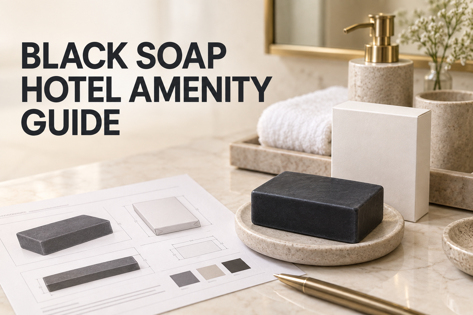 Private label black soap hotel amenity sourcing planning scene