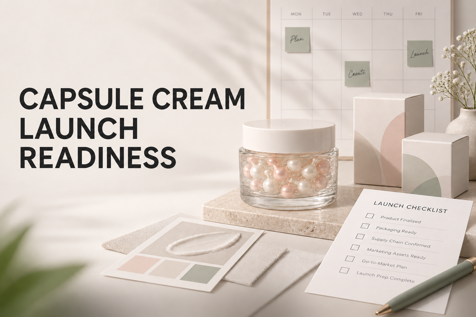 Private label capsule cream retail launch readiness planning board