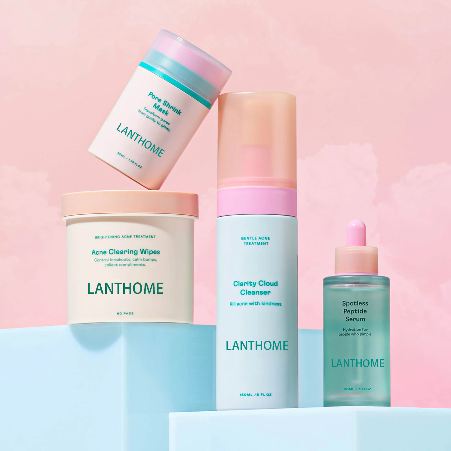 Custom 4 Piece Skin Care Set Acne Treatment Cleanser Wipes Serum Mask Salicylic Acid Brightening Soothing Hydrating for Teen